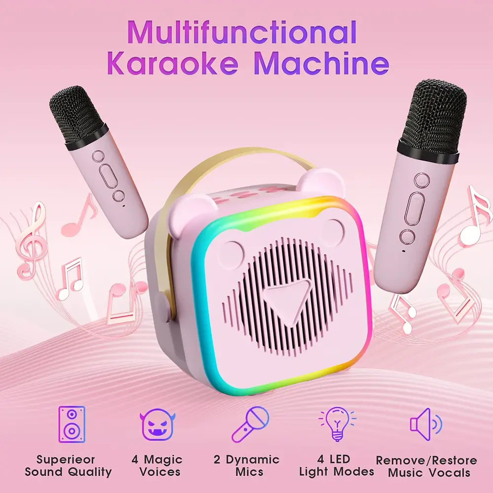 Karaoké sans fil avec 2 micros – enceinte rechargeable et lumières LED multicolores – Image 4