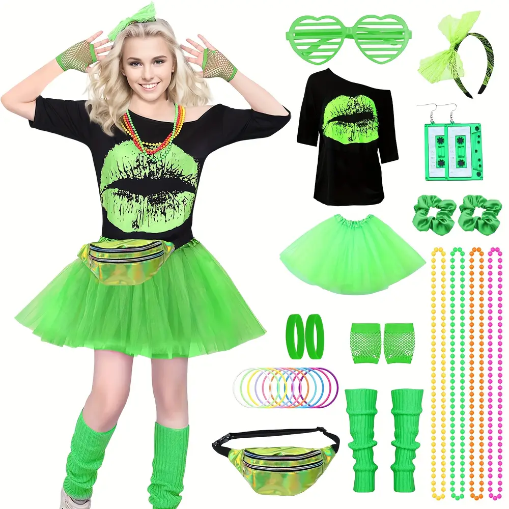 Déguisement femme années 80 – ensemble 29 pièces accessoires rétro fluo party – Image 5