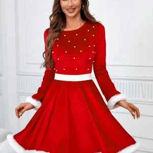 Robe de Noël femme style Père Noël – col rond, manches longues, fausse fourrure