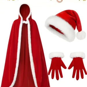 Ensemble accessoires Père Noël femme – cape à capuche, chapeau et gants
