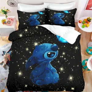 Parure de lit Stitch 3 pièces en polyester doux avec taies et housse zippée