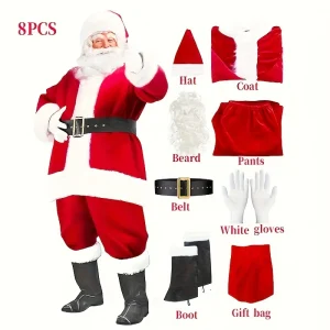 Costume Père Noël 8 pièces pour adulte – tenue traditionnelle luxe pour fête