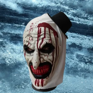 Masque de clown effrayant avec capuche – visage sanglant et yeux noirs