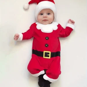 Costume de Noël bébé en velours rouge avec bonnet – tenue festive douce