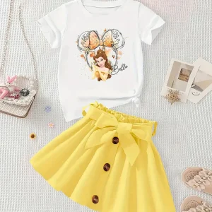 Robe enfant princesse Belle avec t-shirt imprimé et jupe à nœud vintage – doux et respirant