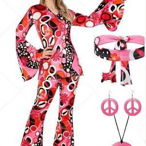 Déguisement hippie rétro 70s pour adulte – ensemble 5 pièces à motif psychédélique