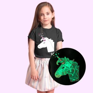 T-shirt enfant phosphorescent Licorne et lampe led, noir/blanc