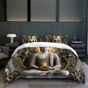 Parure de lit Bouddha sérénité dorée – Ambiance zen et luxe asiatique pour un sommeil paisible