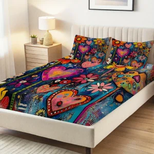 Parure de lit cœurs et fleurs arty – Décor romantique et coloré pour chambre cocooning – Confort doux et design unique