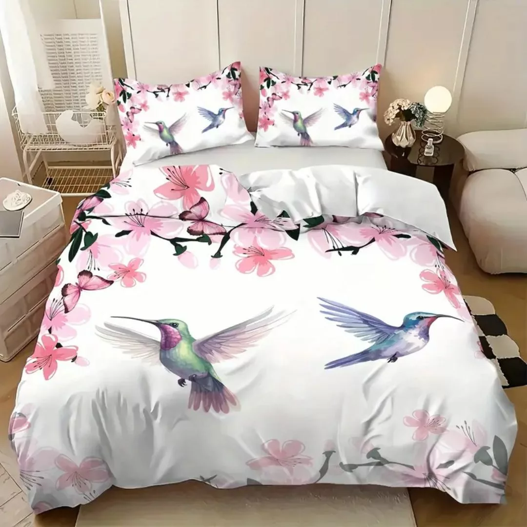 Parure de lit colibris et fleurs roses – Ambiance romantique et apaisante pour chambre cosy – Housse douce et élégante – Image 5