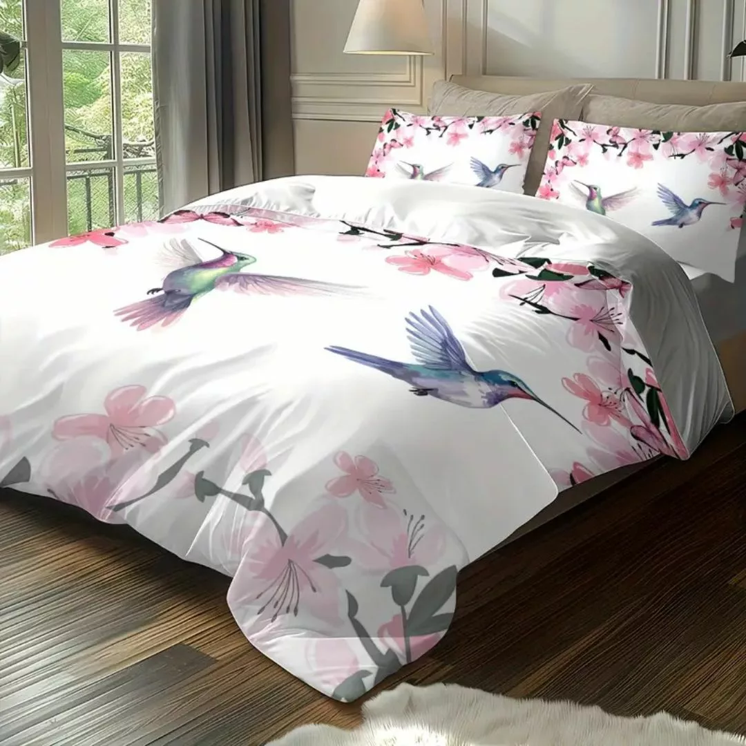 Parure de lit colibris et fleurs roses – Ambiance romantique et apaisante pour chambre cosy – Housse douce et élégante – Image 7