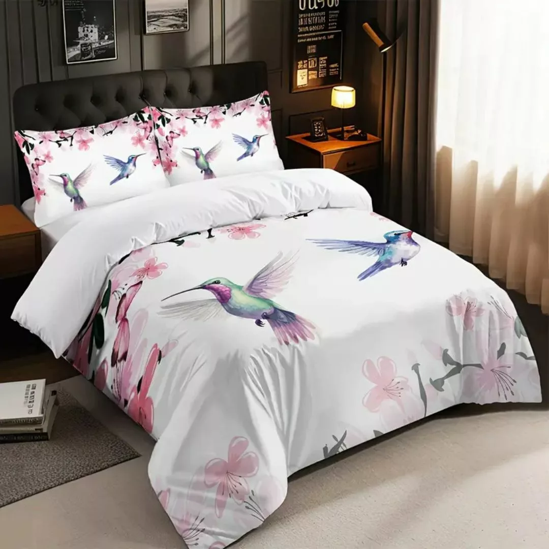 Parure de lit colibris et fleurs roses – Ambiance romantique et apaisante pour chambre cosy – Housse douce et élégante