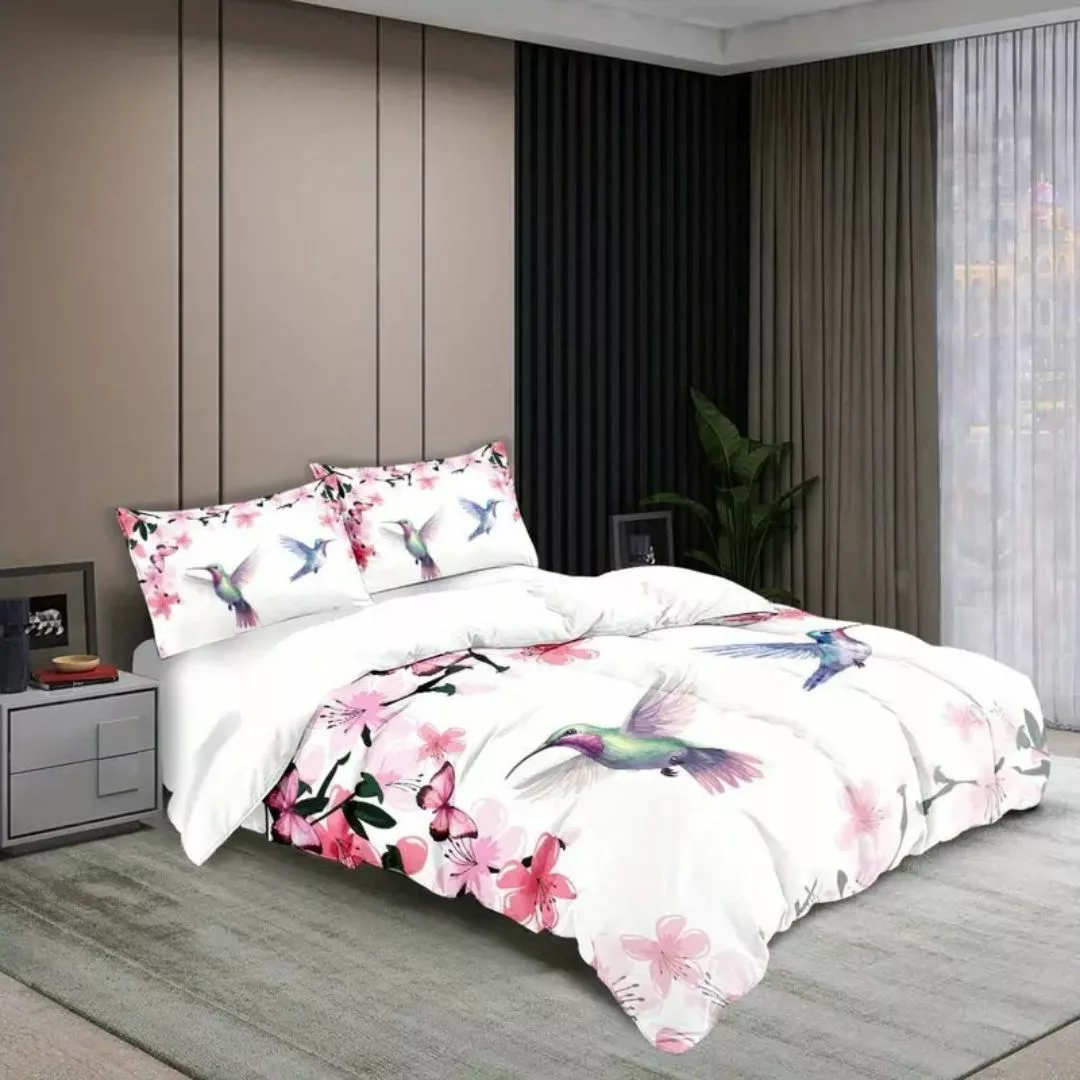 Parure de lit colibris et fleurs roses – Ambiance romantique et apaisante pour chambre cosy – Housse douce et élégante – Image 3