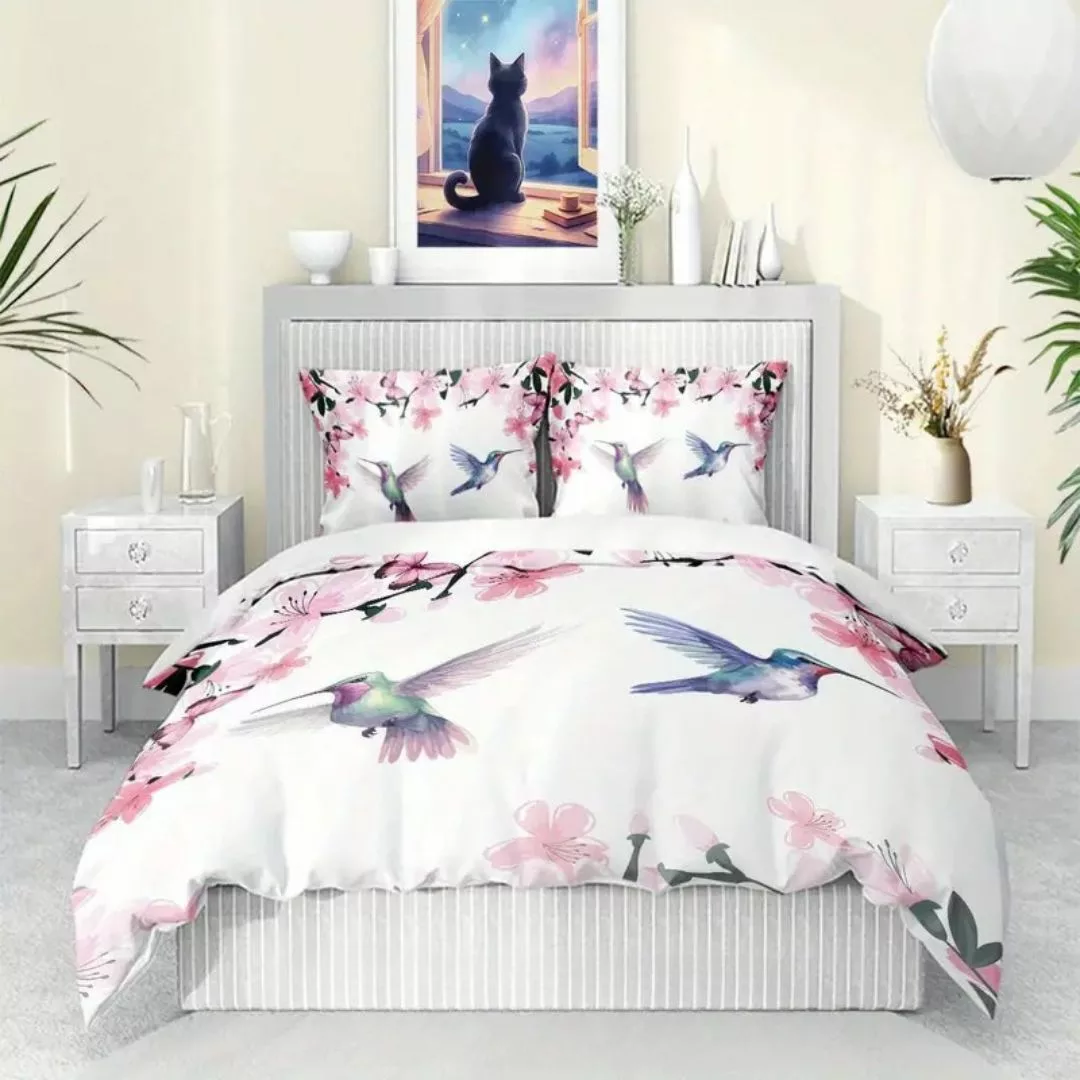 Parure de lit colibris et fleurs roses – Ambiance romantique et apaisante pour chambre cosy – Housse douce et élégante – Image 6