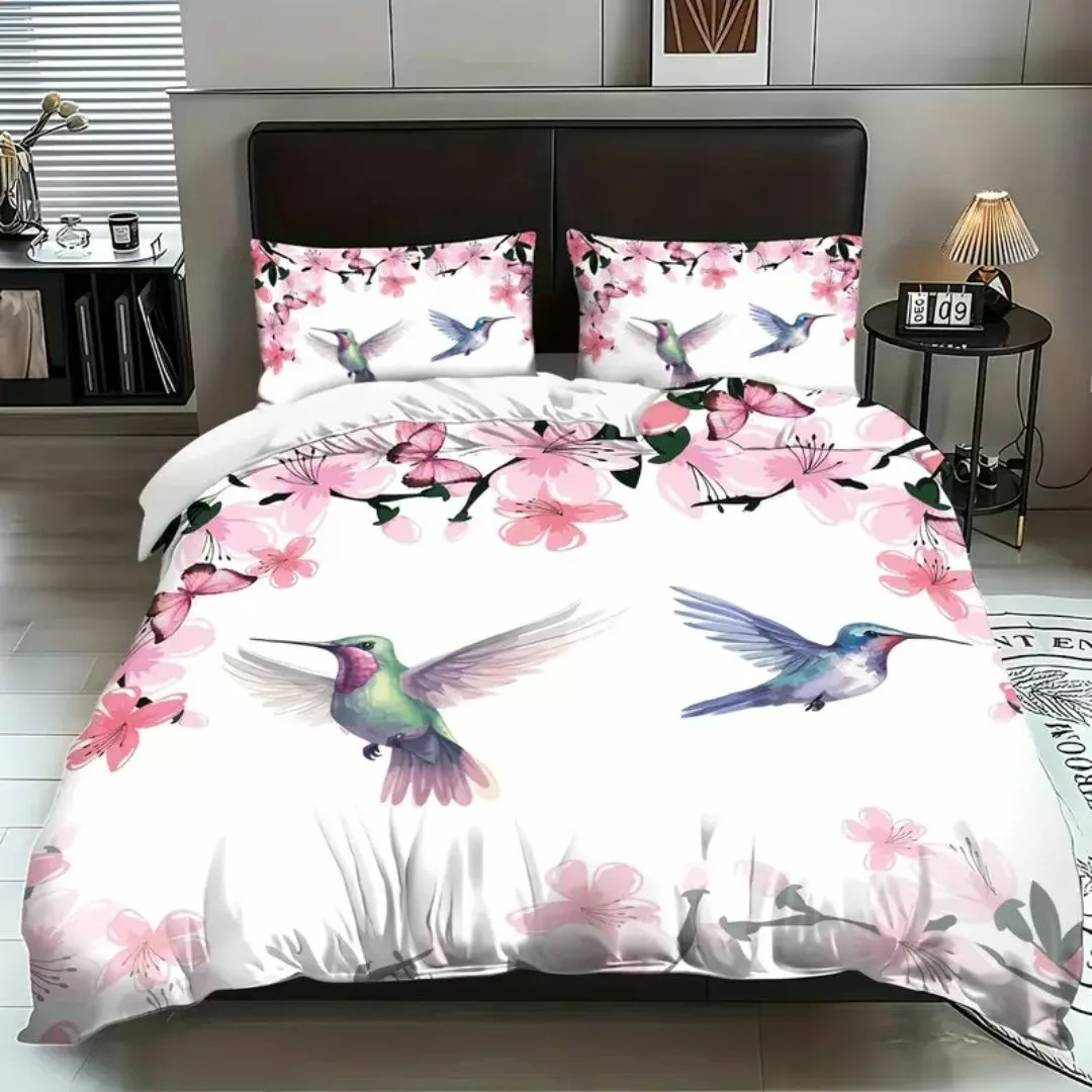 Parure de lit colibris et fleurs roses – Ambiance romantique et apaisante pour chambre cosy – Housse douce et élégante – Image 4