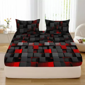 Parure de lit cubes 3D rouge noir – Style moderne et profondeur visuelle pour une chambre élégante