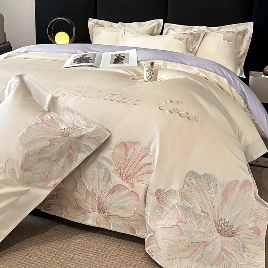 Parure de lit satin fleurs brodées – Douceur luxueuse et élégance florale pour un sommeil apaisant – Image 8