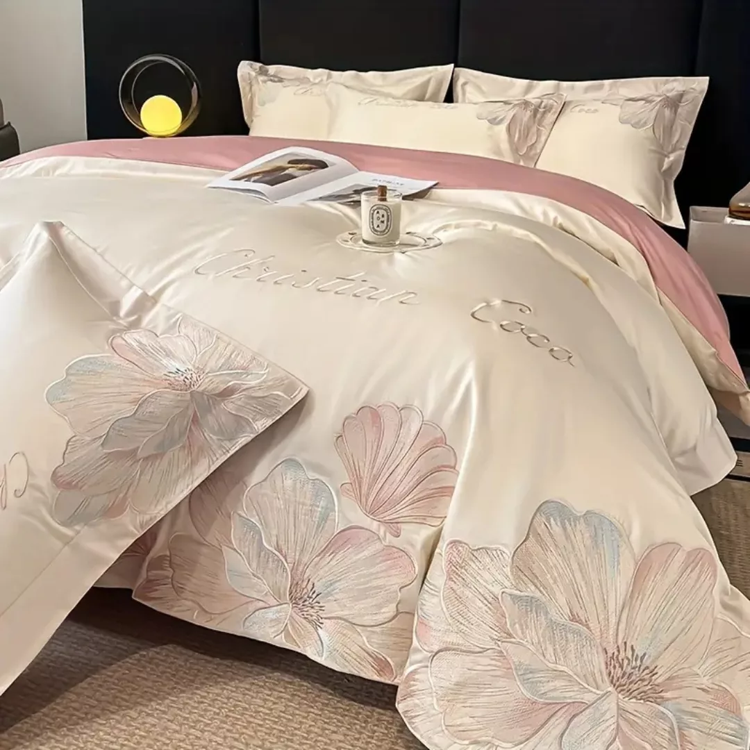 Parure de lit satin fleurs brodées – Douceur luxueuse et élégance florale pour un sommeil apaisant – Image 2