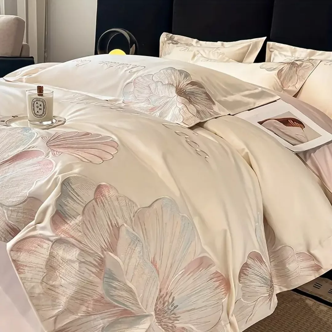 Parure de lit satin fleurs brodées – Douceur luxueuse et élégance florale pour un sommeil apaisant – Image 5