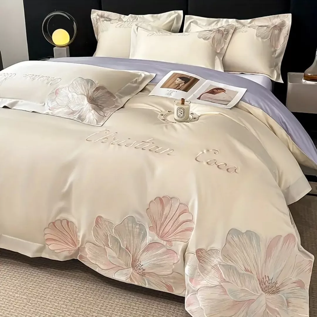 Parure de lit satin fleurs brodées – Douceur luxueuse et élégance florale pour un sommeil apaisant – Image 9