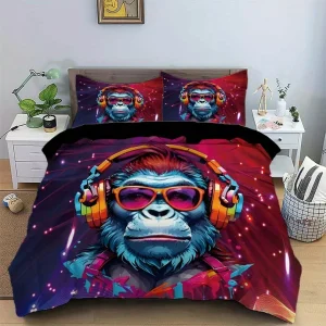 Parure de lit singe DJ futuriste – Housse de couette originale 3D pour chambre ado ou gamer – Ambiance urbaine et stylée