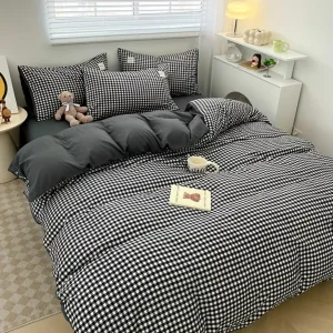 Parure de lit vichy noir moderne – Style chic et intemporel pour chambre élégante – Confort doux 100 % coton