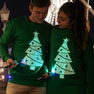 Pull / sweat adulte phosphorescent Sapin de Noël et lampe led, Vert/blanc